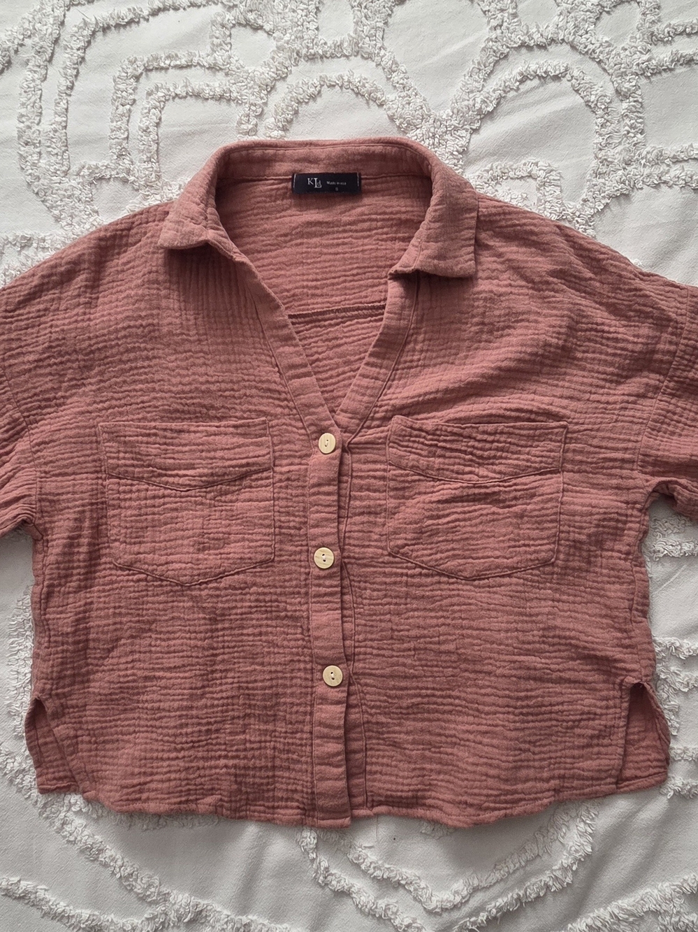 Crinkled Button-Front Blouse in Rose-Mauve